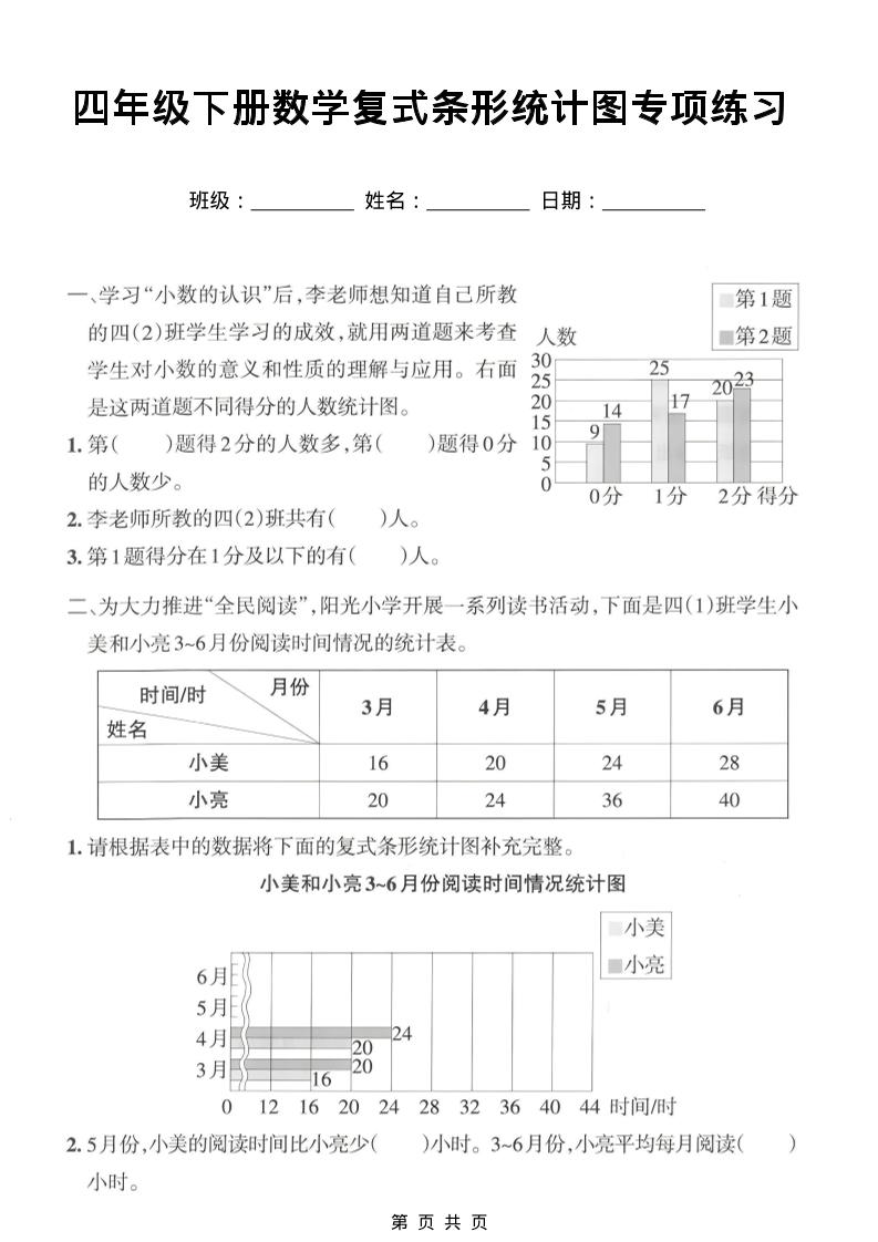四年级下数学复式条形统计图专项练习