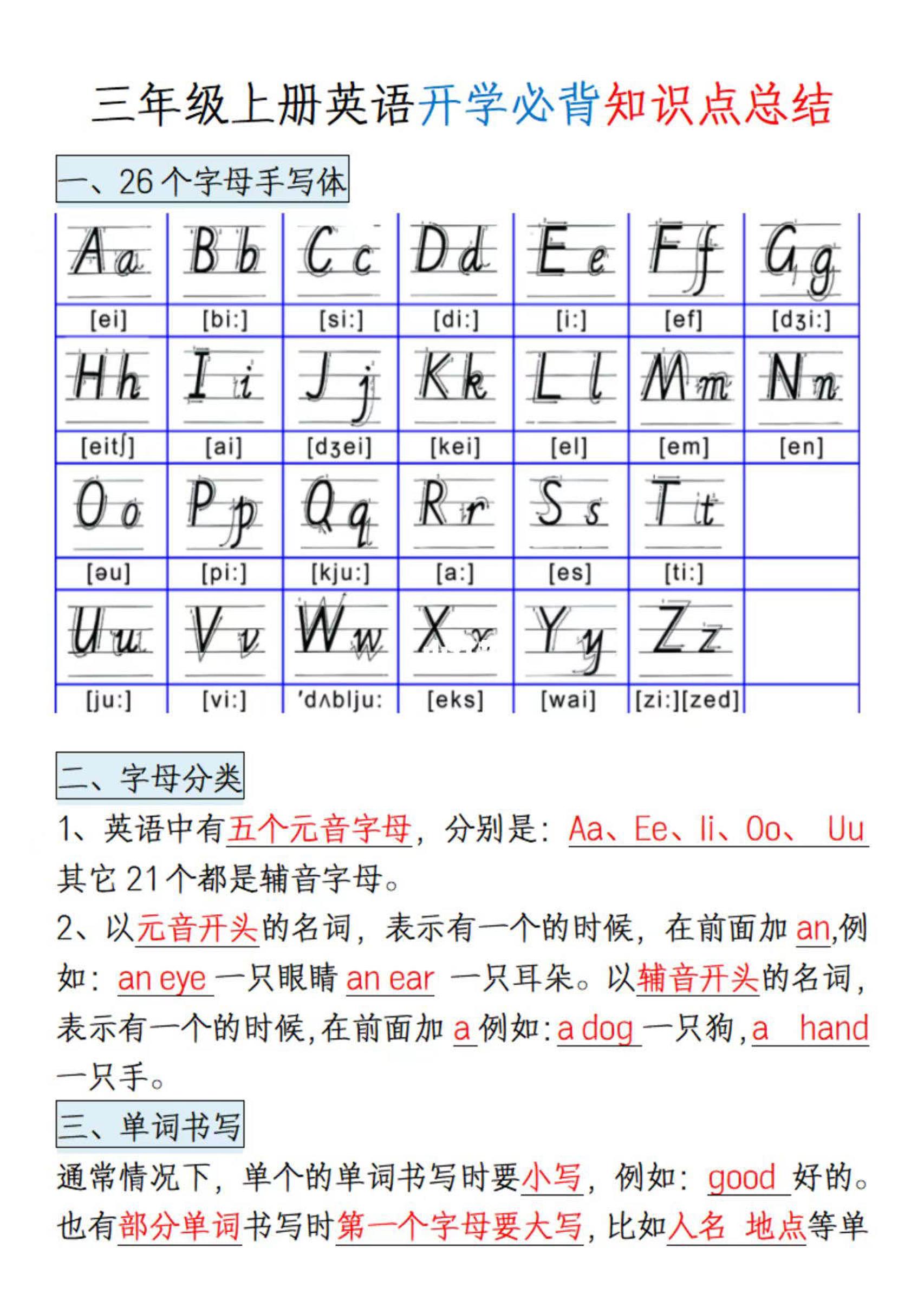 三年级上册英语开学必背知识点总结