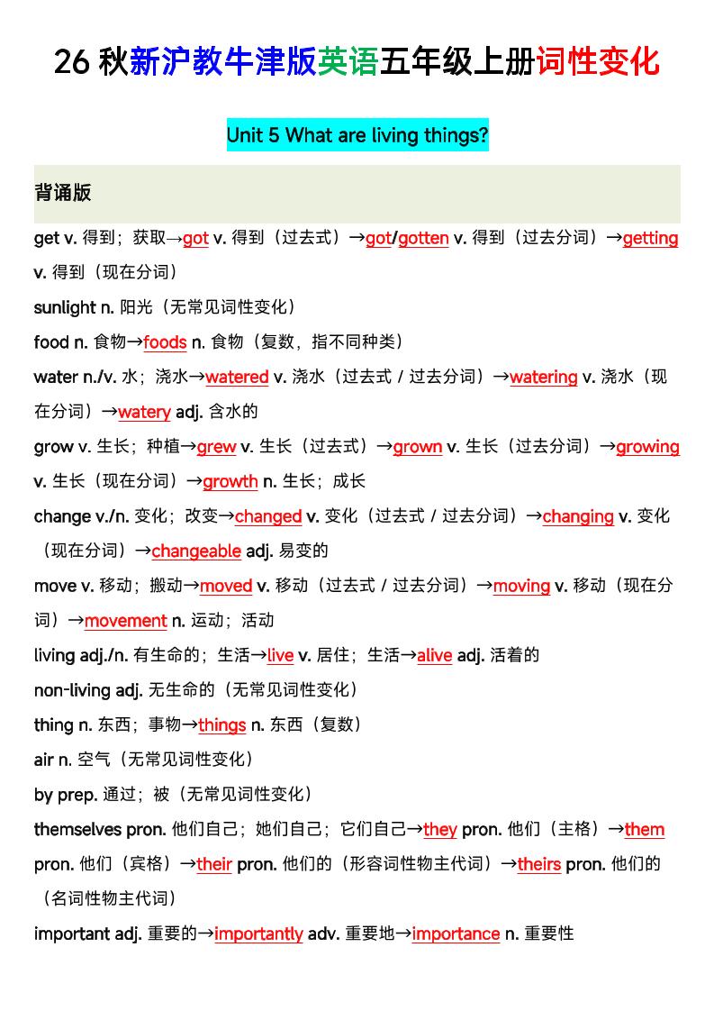 26秋沪教牛津版英语五年级上册U5-U8单词词性变化