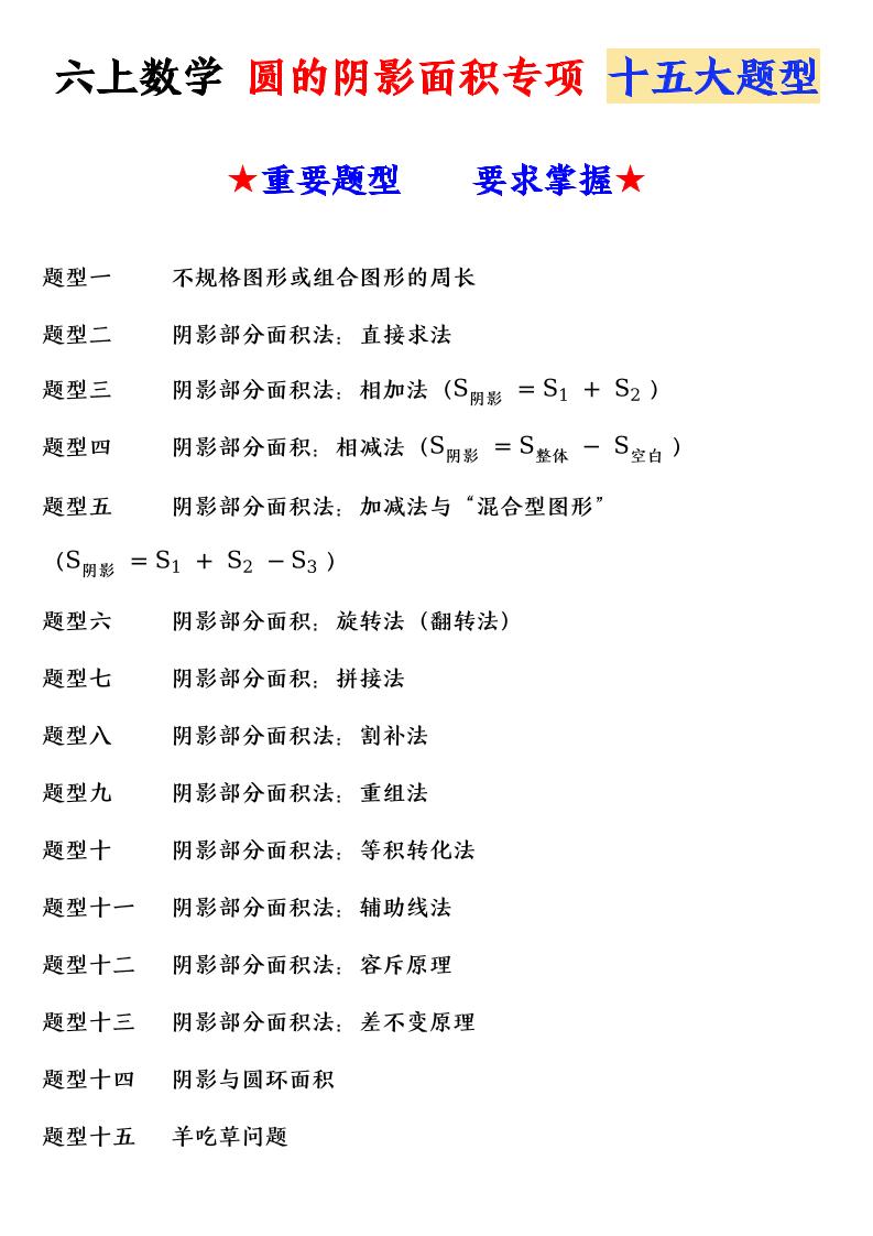 六上数学圆的阴影面积专项十五大题型