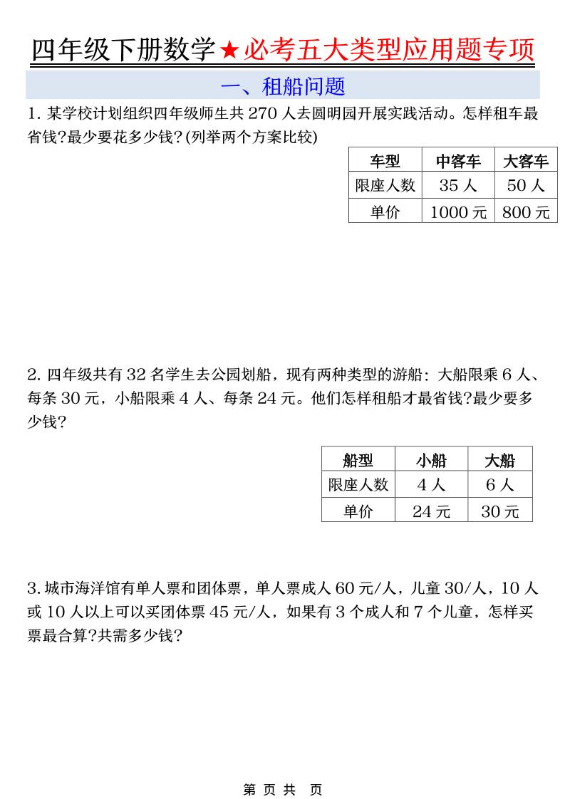 四年级下数学必考五大类型应用题