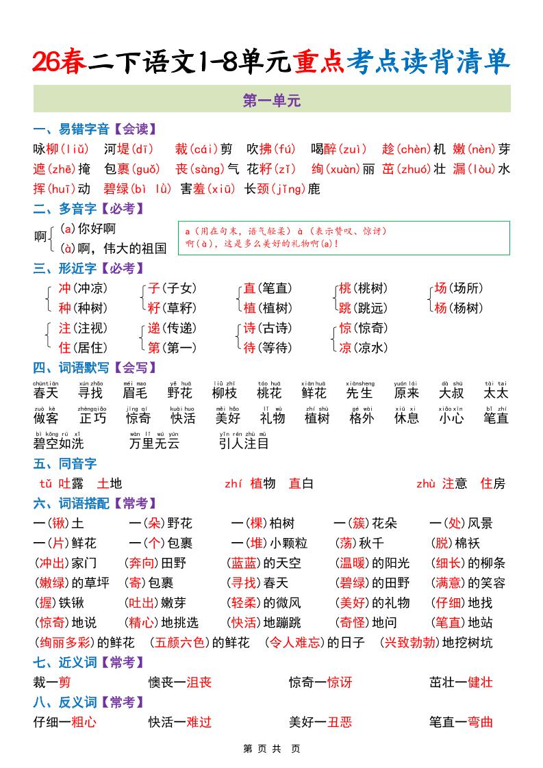 二年级下语文1-8单元重点考点读背清单
