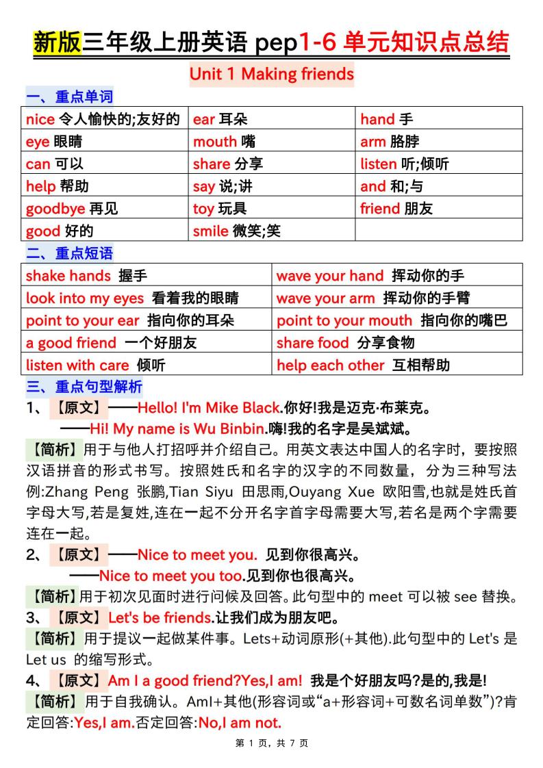 新版三上英语1-6单元知识点总结（人教PEP）7页