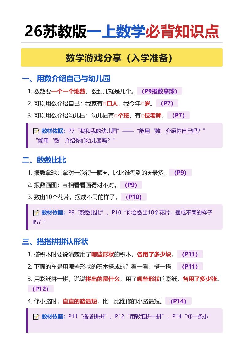 26苏教版一上数学必背知识点（全册）